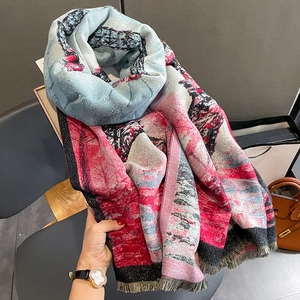 Artistic oil painting style thick cashmere scarf with Eiffel Tower print and soft fringe