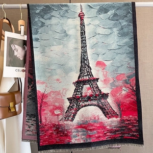 Eiffel Tower Print Imitation Cashmere Scarf Winter Warm Thickened Artistic Oil Painting Shawl For Women With Tassels