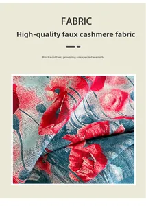 Dettaglio del tessuto in finta cashmere di alta qualità con stampa floreale rossa e saia