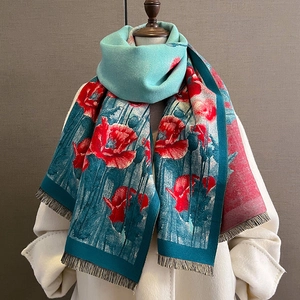 Sciarpa invernale in finto cashmere con stampa floreale e frange, grande scialle caldo