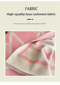 Close-up of premium cashmere-like fabric scarf with geometric letter pattern and tassels