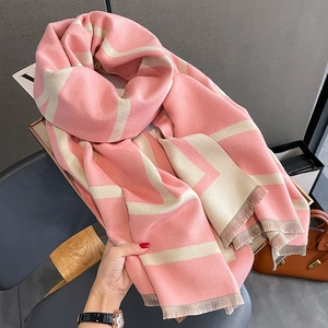 Pink and beige geometric scarf with tassels for winter, soft cashmere feel shawl wrap