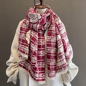 Winter camellia cashmere scarf in burgundy and cream with floral pattern and tassels