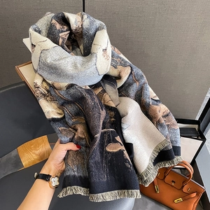 Thick faux cashmere scarf with artistic floral print and fringe details for autumn