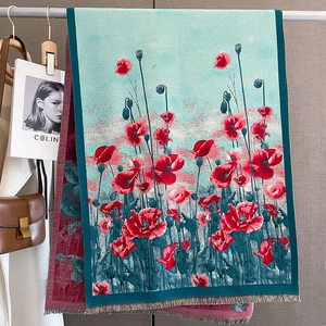 Sciarpa in Imitazione Cashmere da Donna con Stampa Floreale di Papavero Spessa Calda Scialle Invernale con Nappe Accessorio Moda