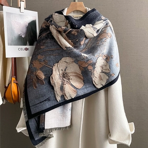 Thick floral cashmere scarf with fringe, elegant navy blue and beige shawl for winter