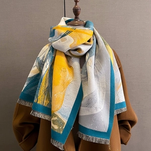 Thick faux cashmere scarf with yellow abstract oil painting print and tassels