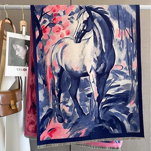 Châle Écharpe Rétro Imprimé Cheval Faux Cachemire Épais Chaud Double Face Gland Mode Navette Enveloppement Pour Femmes