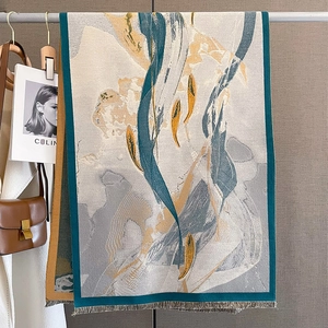 Women Imitation Cashmere Scarf Thick Warm Abstract Oil Painting Print Tassel Shawl Fashion Versatile Wrap