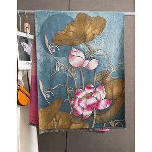 Retro Lotus Print Kunstkaschmir Schal Damen Doppelseitig Verdickt Warm Winter Stola Mit Fransen Orientalisch Kunst Stil