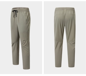 Dettaglio dei pantaloni sportivi cachi ad asciugatura rapida con vita elasticizzata