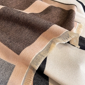 Detailed close-up of woven color-block scarf featuring fringe edges and soft texture