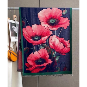 Women Winter Warm Scarf Shawl Faux Cashmere Acrylic With Glitter Thread Retro Poppy Floral Printed Tassels Thick