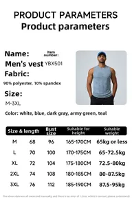 Detailed size guide for men's athletic running vest with dimensions from M to 3XL