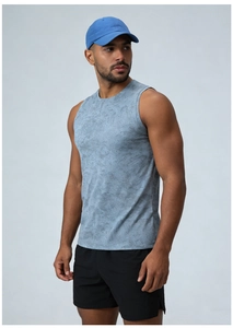 Detail showing marble print texture on gray breathable men's sleeveless workout tank top