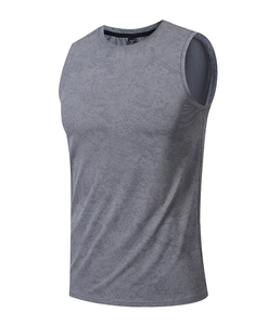 Detail of light grey marbled print running vest with breathable quick-dry fabric