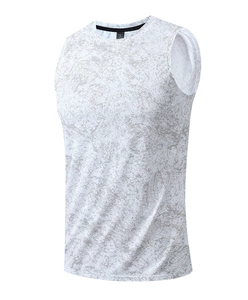Detail of grey marble print running vest featuring round neck and breathable fabric