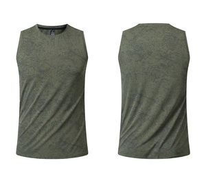 Detail view of olive green moisture-wicking tank top with marble pattern and round neck