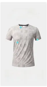 Detail view of round neck design and digital geometric print on men's grey sports t-shirt