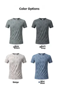 Macro detail of men's crew neck shirts showing geometric textured fabric in four colors