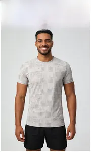 Detail of light gray men's athletic t-shirt with abstract linear texture print