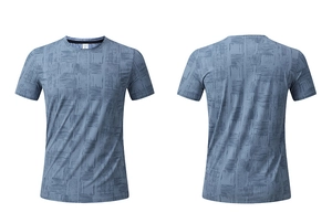Front and back view of men's gray-blue quick-dry T-shirt with abstract geometric pattern