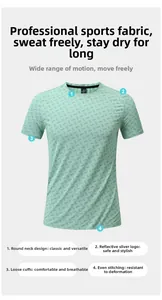 Detail view of quick-dry green athletic tee showing fabric texture and round neckline