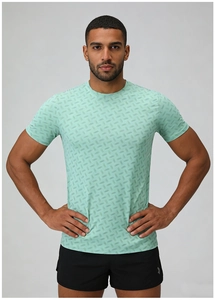 Close-up of quick-dry mint green men's sports t-shirt with geometric grid pattern detail