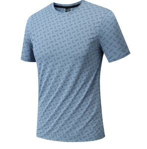 Detail of grey-blue quick-dry sports t-shirt showing fabric texture and black neckline