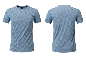 Detail view of quick-dry sports t-shirt with geometric patterns on front and back