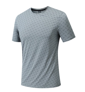 Detail of gray quick-dry sports t-shirt showing digital geometric print and round neckline