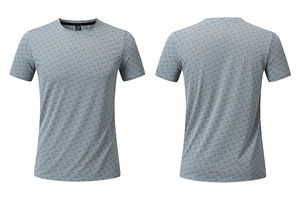Front and back view of men's quick-dry t-shirt with grey geometric pattern print