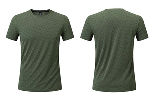 Detail of olive green sports T-shirt featuring a unique geometric textured fabric pattern