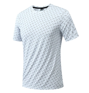 Detail of light grey quick-dry T-shirt fabric featuring breathable mesh and geometric print