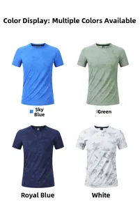 Detailed color display of quick-dry sports t-shirts in blue, green, navy and white colors