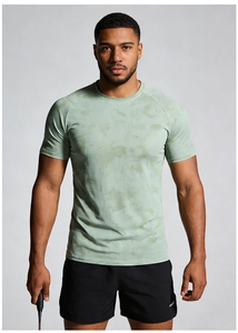 Men's quick-dry T-shirt with green marble print and black shorts for badminton or gym