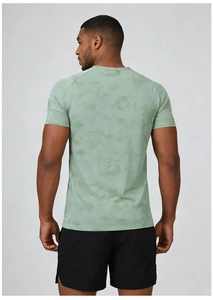 Rear view of men's dry fit sports t-shirt with green marble print and raglan sleeves