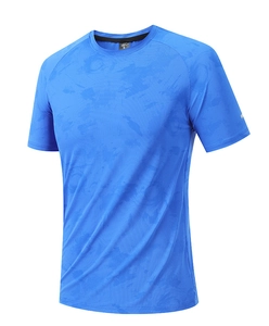 Macro detail of breathable quick-dry fabric and collar size label on blue sports t-shirt