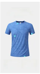 Detail of blue men's sport T-shirt with digital geometric print and crew neckline