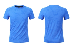 Detailed front and back view of blue quick-dry athletic t-shirt with camo patterns