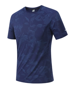 Detailed close-up of dark blue sports T-shirt featuring dynamic brushstroke texture and crew neck