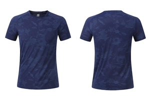 Front and back views of dark blue quick-dry sports t-shirt with abstract blue patterns