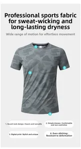 Détail du t-shirt de sport séchage rapide avec col rond et motif de camouflage gris