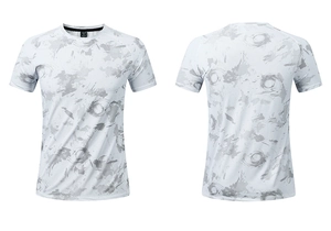 Detailed front and back view of white sports t-shirt with gray abstract ink print