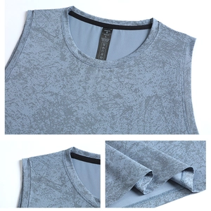 Breathable running tank top with grey-blue marble print and moisture-wicking fabric