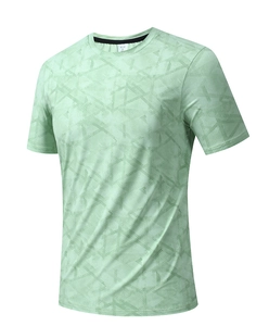 Close-up of mint green men's sports t-shirt showing breathable mesh fabric texture