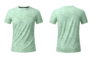 Detailed flat lay of light green men's T-shirt with geometric lines and XL collar label