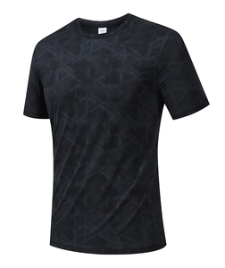 Detail of black quick-dry T-shirt fabric featuring geometric patterns and neck label