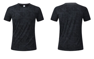 Front and back view of men's quick-dry T-shirt with gray geometric pattern