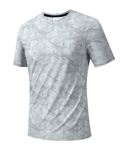 Close-up of the neckline and gray geometric camo print on a men's quick-dry T-shirt